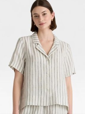 Quince European Linen Short Sleeve Button Down Shirt Charcoal Stripe Medium